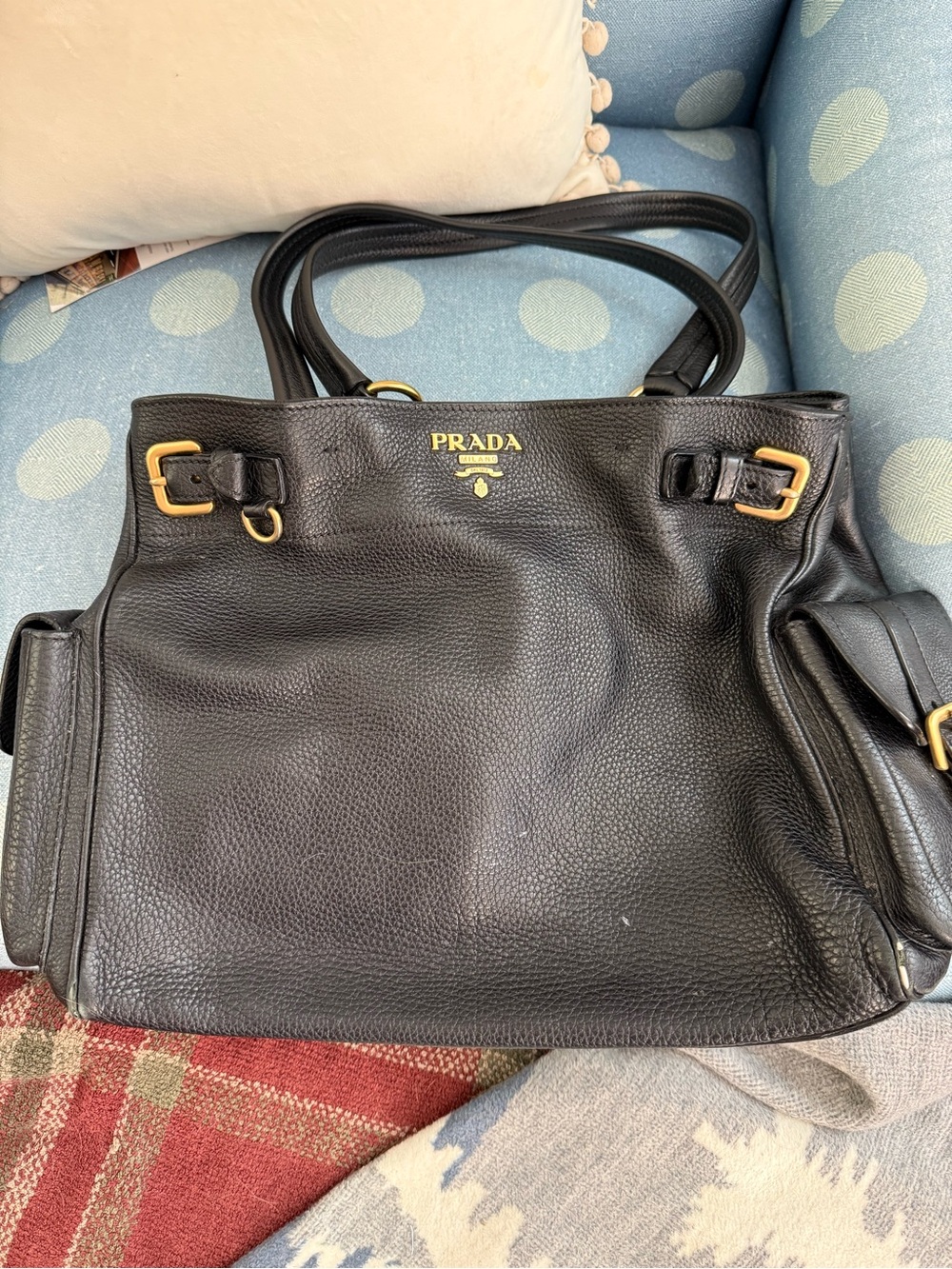 Prada Black Pebbled Leather Shoulder Tote with Gold Accents
